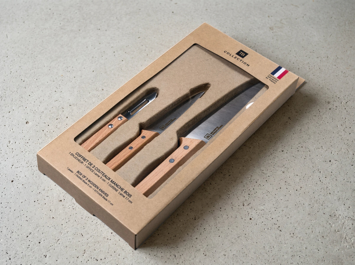 Coffret de 3 couteaux - Brigade - Bois<br/>(Eplucheur, Office et Cuisine)